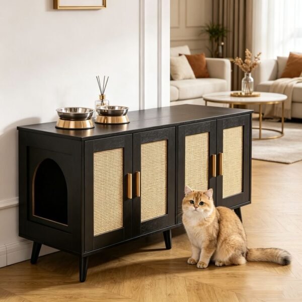 Rattan-Door Cat Litter Box Cabinet, 47" Sideboard Style - image 2 Rattan-Door Cat Litter Box Cabinet 47" Sideboard Style view 2