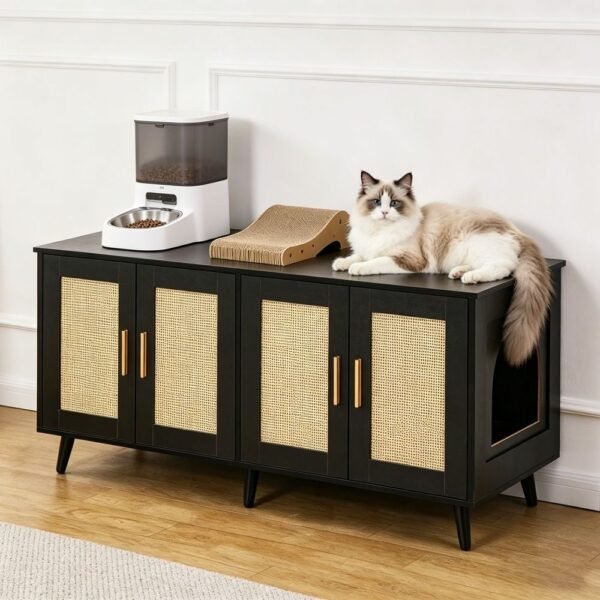 Rattan-Door Cat Litter Box Cabinet, 47" Sideboard Style - image 3 Rattan-Door Cat Litter Box Cabinet 47" Sideboard Style view 3