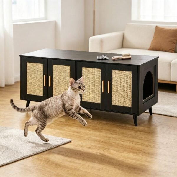 Rattan-Door Cat Litter Box Cabinet, 47" Sideboard Style - image 4 Rattan-Door Cat Litter Box Cabinet 47" Sideboard Style view 4