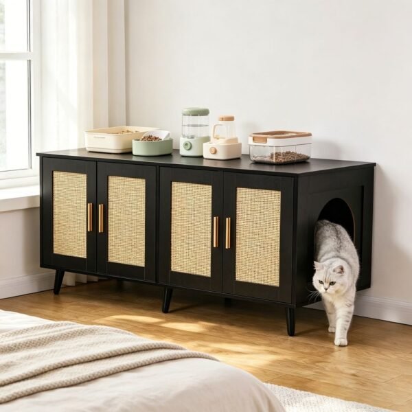 Rattan-Door Cat Litter Box Cabinet, 47" Sideboard Style - image 5 Rattan-Door Cat Litter Box Cabinet 47" Sideboard Style view 5