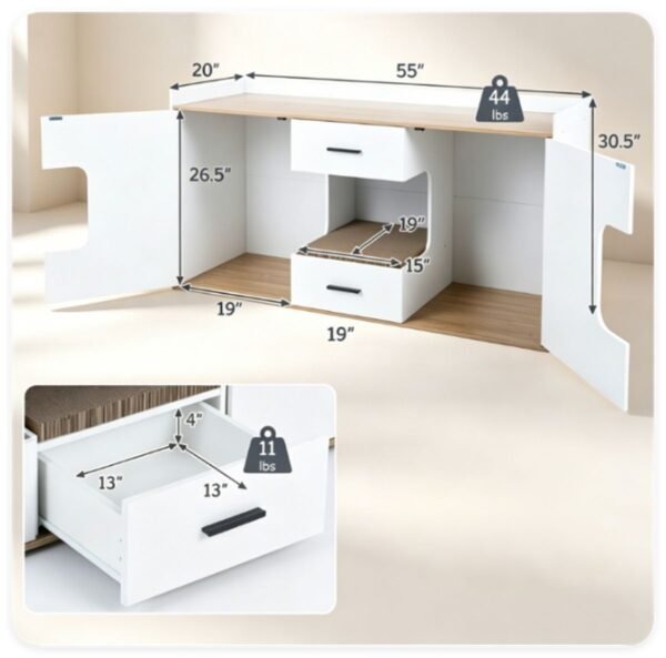 Large Litter Box Enclosure with Storage Drawers and Scratching Board, 55" - image 3 Large Litter Box Enclosure with Storage Drawers and Scratching Board 55" view 3