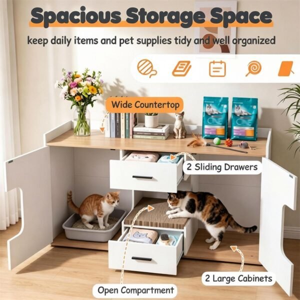 Large Litter Box Enclosure with Storage Drawers and Scratching Board, 55" - image 5 Large Litter Box Enclosure with Storage Drawers and Scratching Board 55" view 5