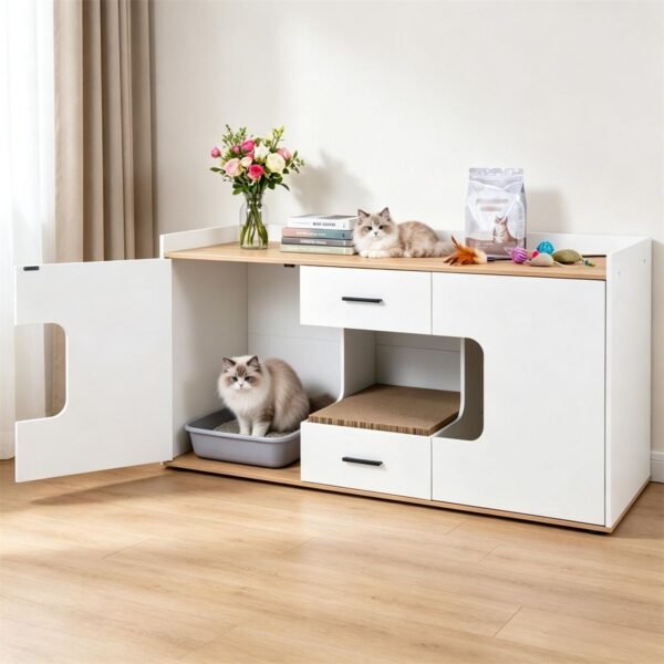 Large Litter Box Enclosure with Storage Drawers and Scratching Board, 55" - image 7 Large Litter Box Enclosure with Storage Drawers and Scratching Board 55" view 7