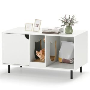 White Double-Room Litter Box Enclosure with Scratching Board and Metal Legs