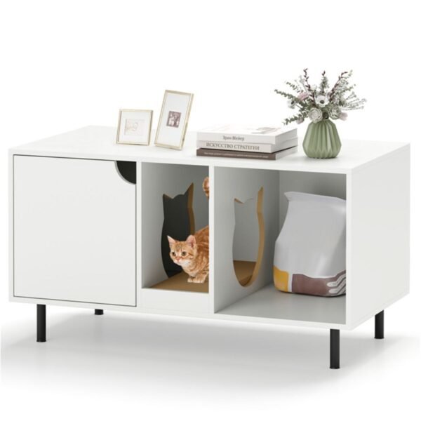 White Double-Room Litter Box Enclosure with Scratching Board and Metal Legs - image 1 White Double-Room Litter Box Enclosure with Scratching Board and Metal Legs