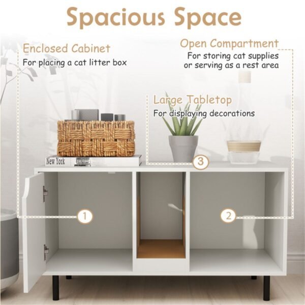 White Double-Room Litter Box Enclosure with Scratching Board and Metal Legs - image 2 White Double-Room Litter Box Enclosure with Scratching Board and Metal Legs view 2