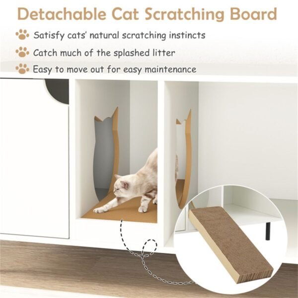 White Double-Room Litter Box Enclosure with Scratching Board and Metal Legs - image 3 White Double-Room Litter Box Enclosure with Scratching Board and Metal Legs view 3