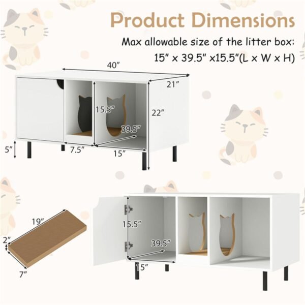 White Double-Room Litter Box Enclosure with Scratching Board and Metal Legs - image 5 White Double-Room Litter Box Enclosure with Scratching Board and Metal Legs view 5