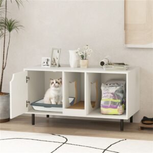 White Double-Room Litter Box Enclosure with Scratching Board and Metal Legs - image 6 White Double-Room Litter Box Enclosure with Scratching Board and Metal Legs view 6