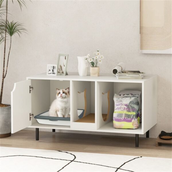 White Double-Room Litter Box Enclosure with Scratching Board and Metal Legs - image 6 White Double-Room Litter Box Enclosure with Scratching Board and Metal Legs view 6