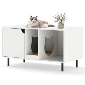 White Double-Room Litter Box Enclosure with Scratching Board and Metal Legs - image 7 White Double-Room Litter Box Enclosure with Scratching Board and Metal Legs view 7