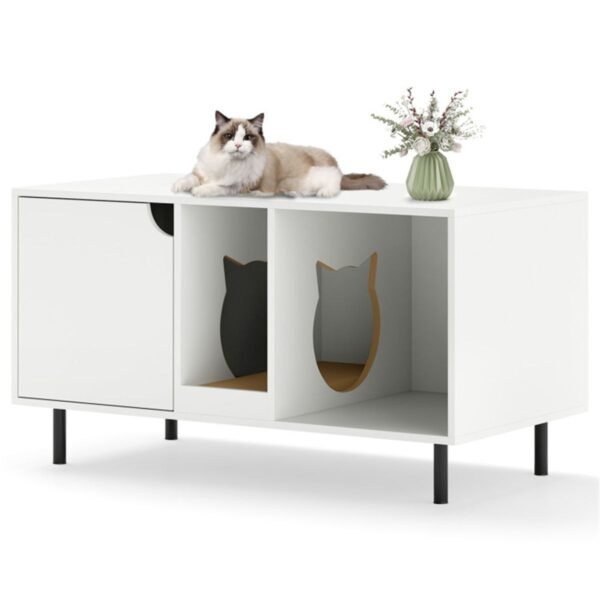 White Double-Room Litter Box Enclosure with Scratching Board and Metal Legs - image 7 White Double-Room Litter Box Enclosure with Scratching Board and Metal Legs view 7