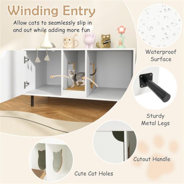 White Double-Room Litter Box Enclosure with Scratching Board and Metal Legs - image 9 White Double-Room Litter Box Enclosure with Scratching Board and Metal Legs view 9