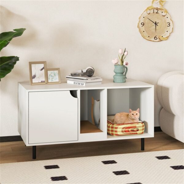 White Double-Room Litter Box Enclosure with Scratching Board and Metal Legs - image 10 White Double-Room Litter Box Enclosure with Scratching Board and Metal Legs view 10