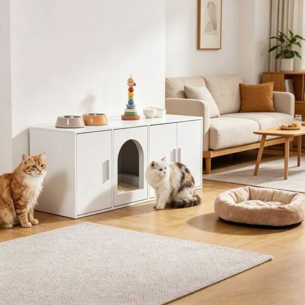 Extra-Wide Wooden Cat Litter Cabinet with Five Doors, 57.9" - image 2 Extra-Wide Wooden Cat Litter Cabinet with Five Doors 57.9" view 2