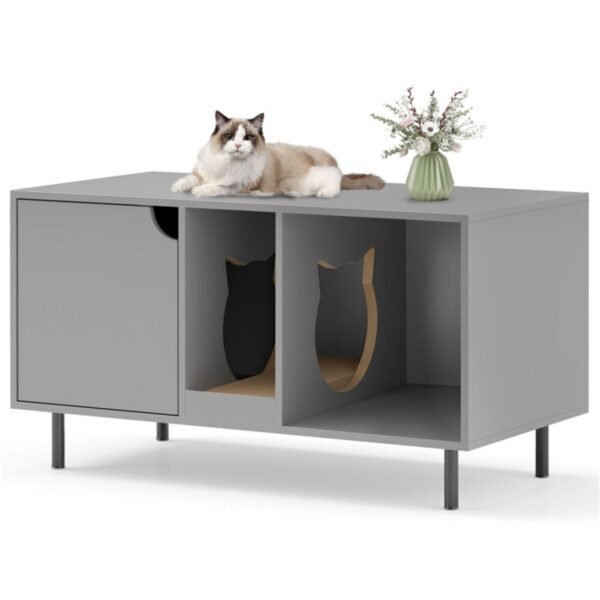 Grey Double-Room Litter Box Enclosure with Scratching Board and Metal Legs