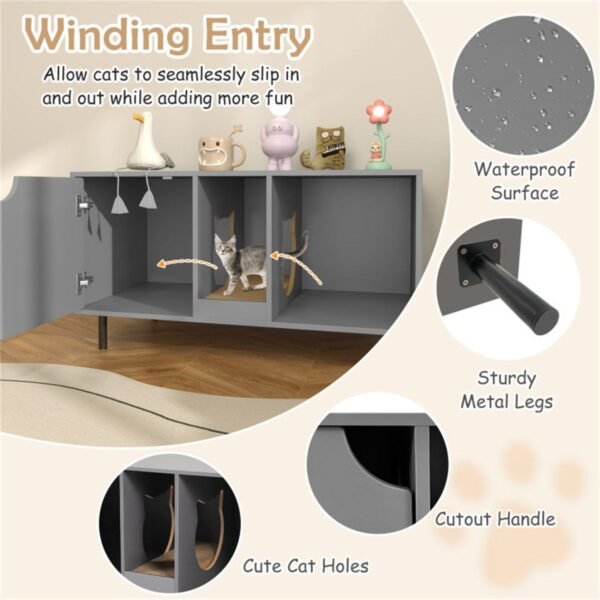 Grey Double-Room Litter Box Enclosure with Scratching Board and Metal Legs - image 2 Grey Double-Room Litter Box Enclosure with Scratching Board and Metal Legs view 2