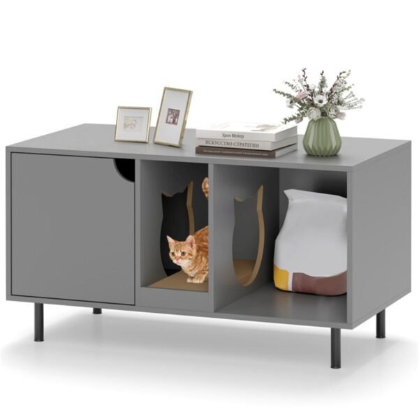 Grey Double-Room Litter Box Enclosure with Scratching Board and Metal Legs - image 3 Grey Double-Room Litter Box Enclosure with Scratching Board and Metal Legs view 3