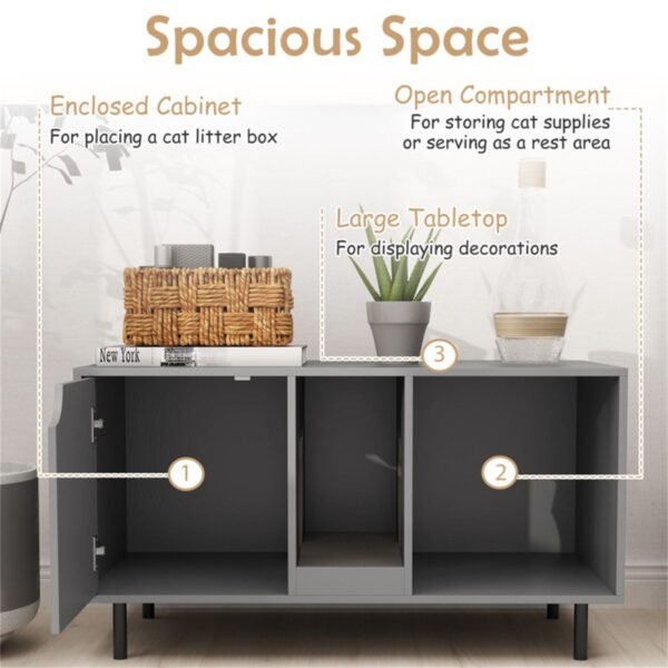 Grey Double-Room Litter Box Enclosure with Scratching Board and Metal Legs - image 4 Grey Double-Room Litter Box Enclosure with Scratching Board and Metal Legs view 4