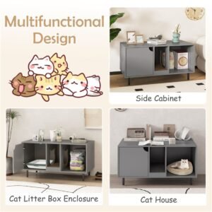 Grey Double-Room Litter Box Enclosure with Scratching Board and Metal Legs - image 5 Grey Double-Room Litter Box Enclosure with Scratching Board and Metal Legs view 5