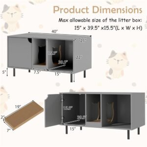 Grey Double-Room Litter Box Enclosure with Scratching Board and Metal Legs - image 6 Grey Double-Room Litter Box Enclosure with Scratching Board and Metal Legs view 6