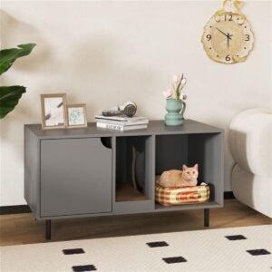 Grey Double-Room Litter Box Enclosure with Scratching Board and Metal Legs - image 7 Grey Double-Room Litter Box Enclosure with Scratching Board and Metal Legs view 7