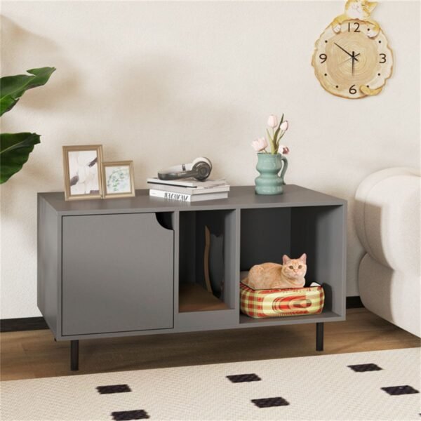 Grey Double-Room Litter Box Enclosure with Scratching Board and Metal Legs - image 7 Grey Double-Room Litter Box Enclosure with Scratching Board and Metal Legs view 7