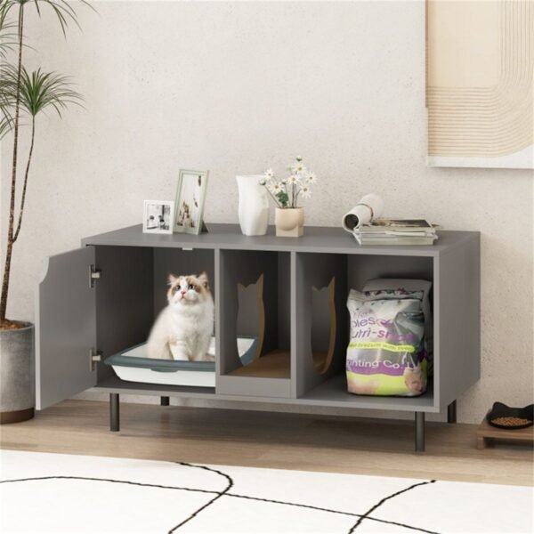 Grey Double-Room Litter Box Enclosure with Scratching Board and Metal Legs - image 10 Grey Double-Room Litter Box Enclosure with Scratching Board and Metal Legs view 10