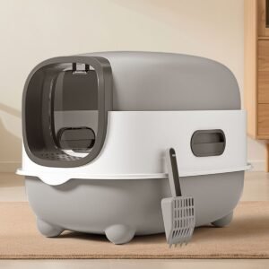 Open High-Sided Cat Litter Pan with Scoop, Grey