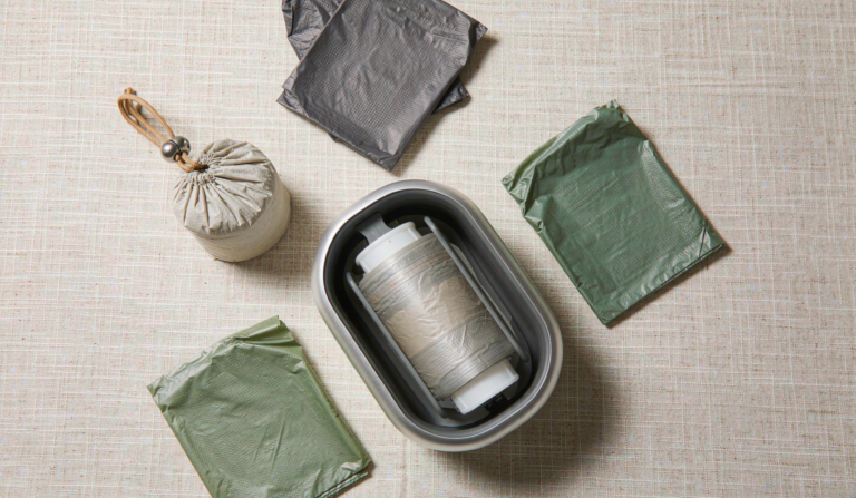 Biodegradable dog waste bags and dispenser flat-lay