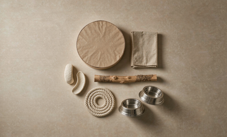 Bird cage accessories flat-lay: liner roll natural wood perch rope perch cuttlebone stainless cups and seed-catcher skirt