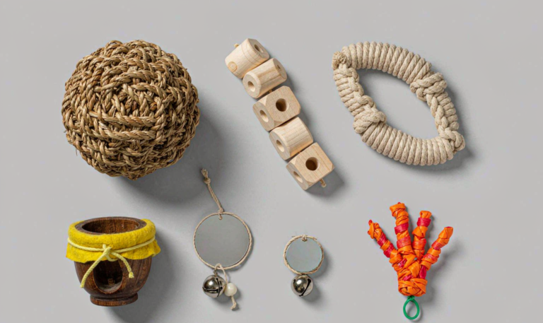 Flat-lay of colorful bird toys including a sisal shredder ball wooden block string cotton rope perch toy coconut foraging cup mirror-and-bell toys and a crinkle foot toy.