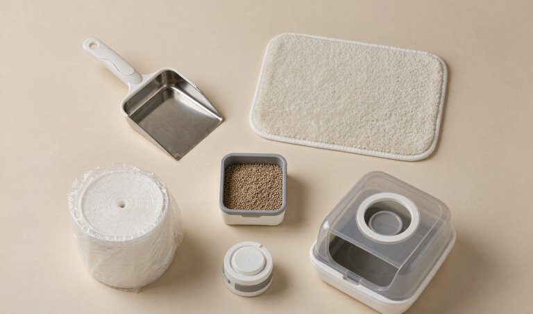 Cat litter box accessories flat-lay: scoop trapping mat liners deodorizer and hooded tray