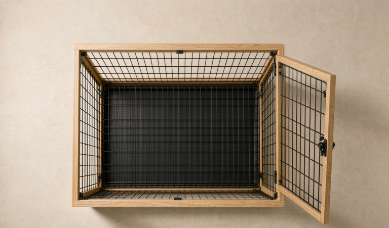 Modern foldable dog crate with wood frame and black wire grid on a beige studio background