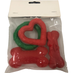 Assorted Rubber Dog Toy Kit, 4 Pieces, Red and Green