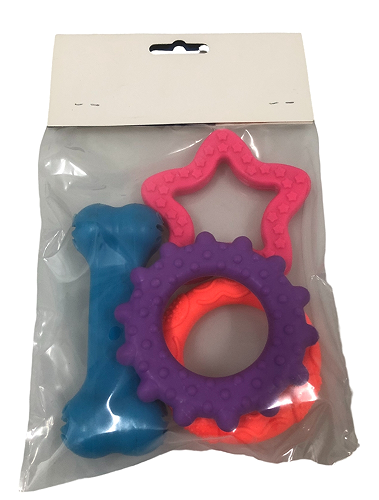 Assorted Rubber Dog Toy Kit, 3 Pieces, Blue, Pink and Purple