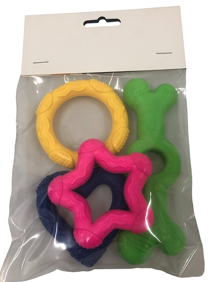 Assorted Rubber Dog Toy Kit, 4 Pieces, Yellow, Blue and Green